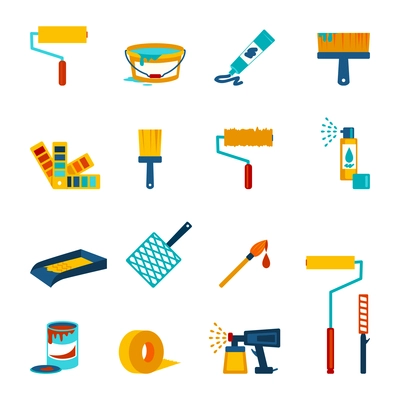 Painting icons flat set with roller bucket brush swatch isolated vector illustration