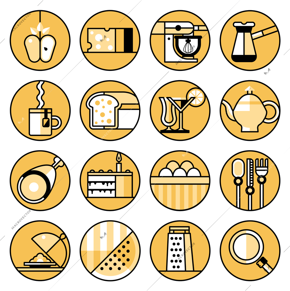 Food and cooking flat line icons set of coffee turk meat cutlery cheese isolated vector illustration