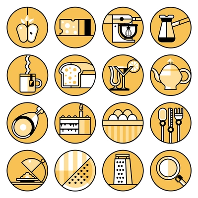 Food and cooking flat line icons set of coffee turk meat cutlery cheese isolated vector illustration