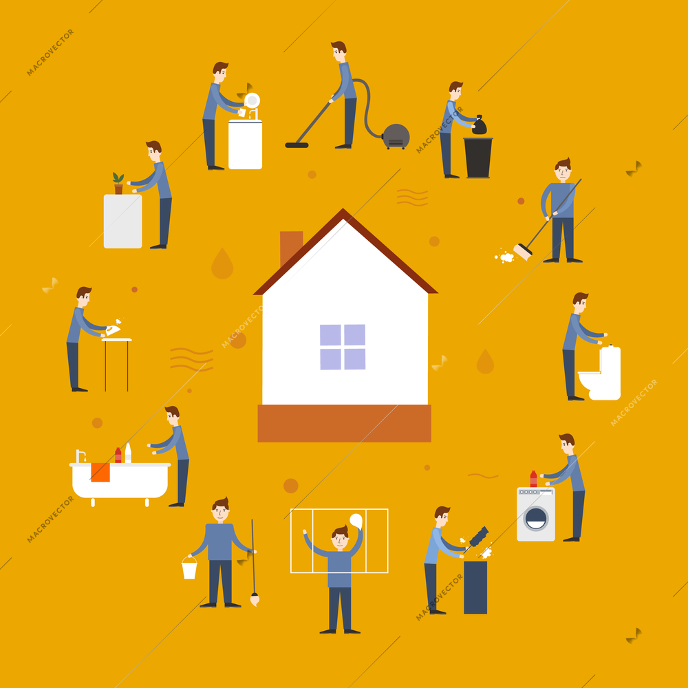 Cleaning people flat icons set with washing elements and house in the middle isolated vector illustration