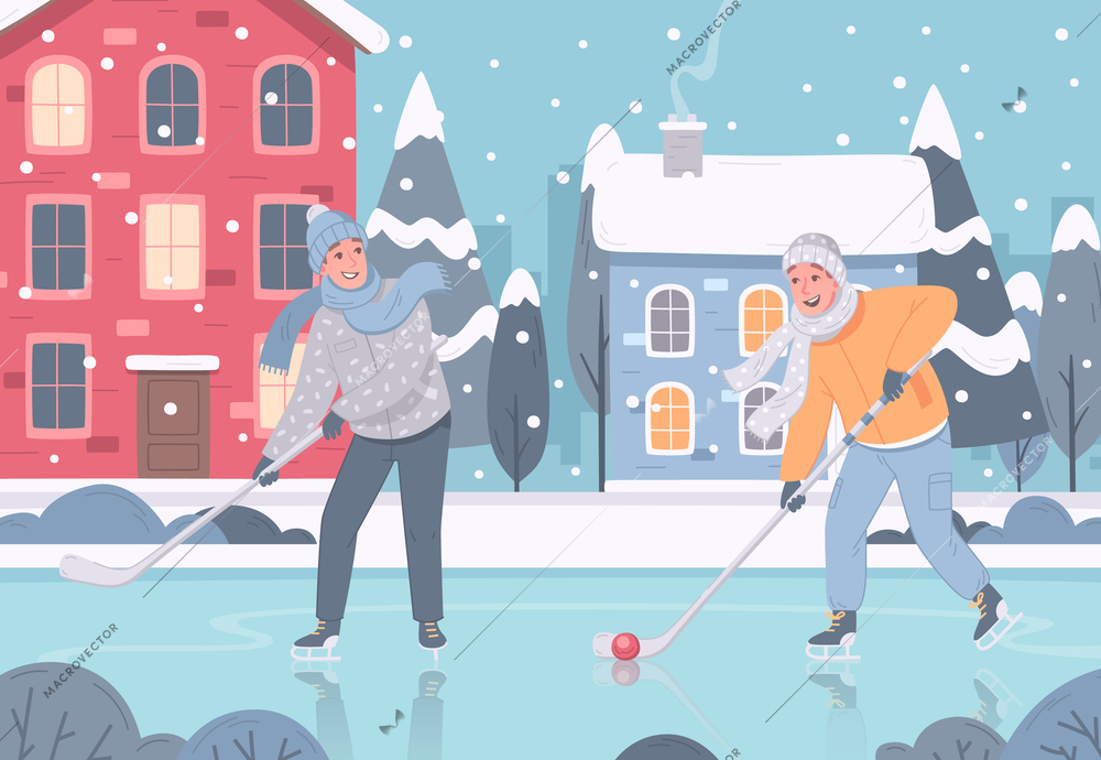 Winter sports leisure activity cartoon composition with outdoor scenery living houses with men playing hockey outdoors vector illustration