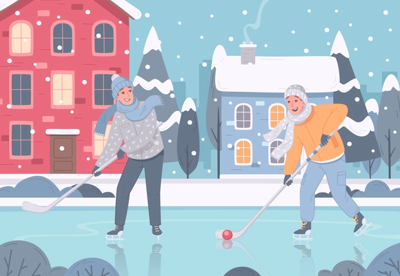 Winter sports leisure activity cartoon composition with outdoor scenery living houses with men playing hockey outdoors vector illustration