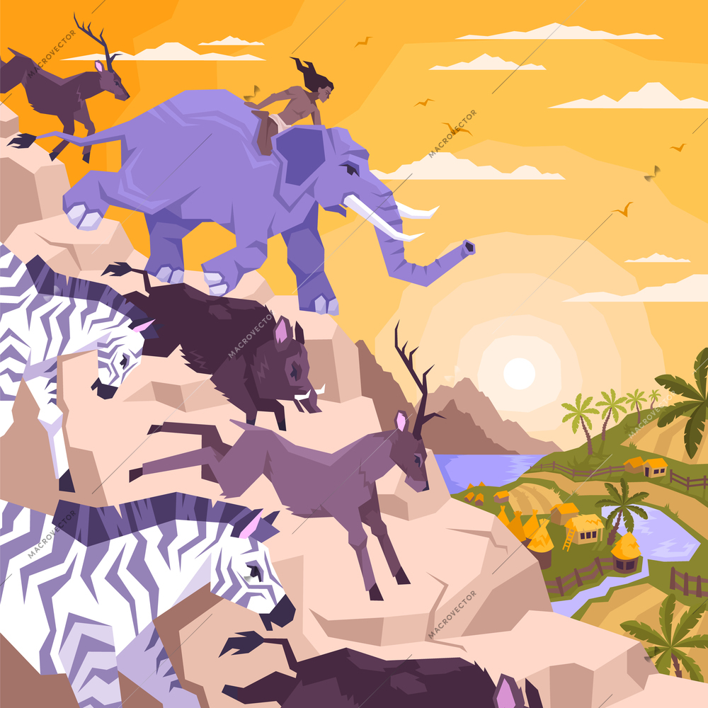 Mowgli coloring page flat composition with exotic scenery and animals running down the cliff with boy vector illustration