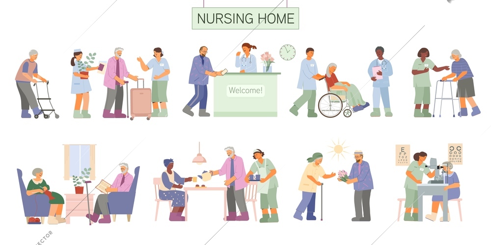 Flat nursing home assisted living set with senior people arriving walking reading getting medical assistance isolated vector illustration