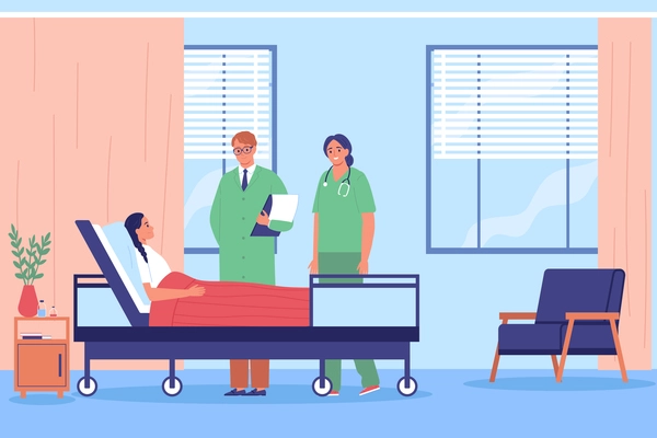Hospital room composition with view of observation ward interior with characters of lying patient and doctors vector illustration