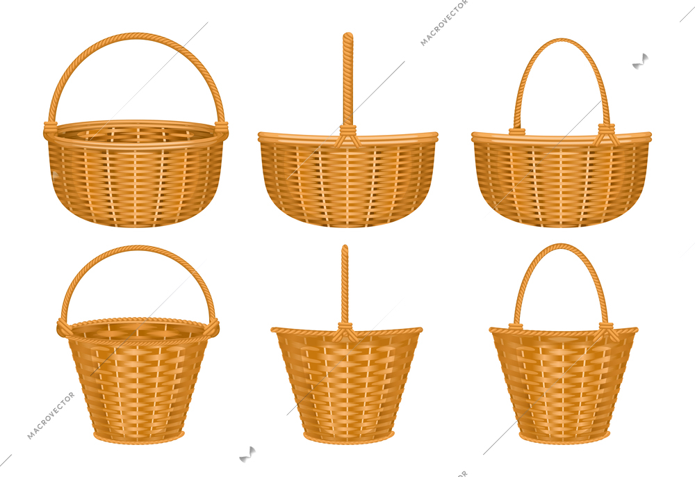 Basket set of isolated images with wooden basket with isolated images of baskets with hand handles vector illustration