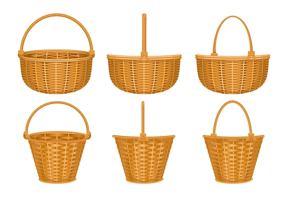 Basket set of isolated images with wooden basket with isolated images of baskets with hand handles vector illustration