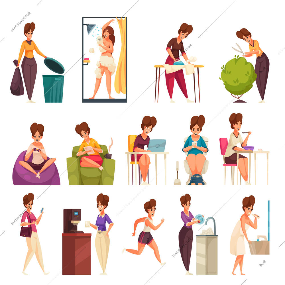 Daily woman routine flat set of female characters doing housework gardening cleaning resting isolated vector illustration