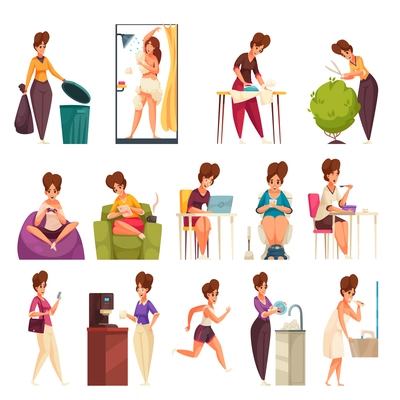 Daily woman routine flat set of female characters doing housework gardening cleaning resting isolated vector illustration