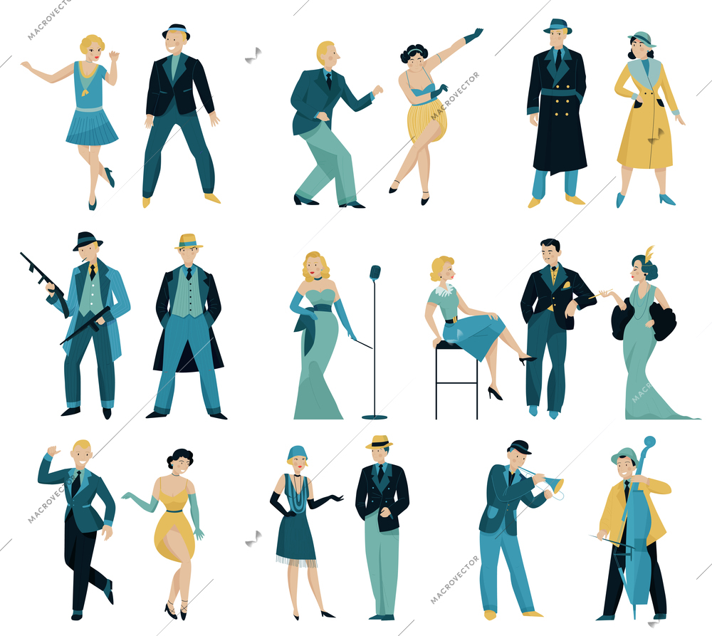 Retro women and men in 20s 30s and 40s set with isolated human characters of dandies vector illustration