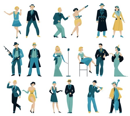 Retro women and men in 20s 30s and 40s set with isolated human characters of dandies vector illustration