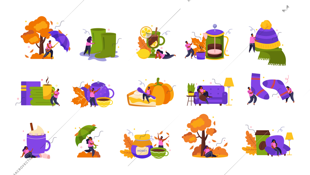 Cozy fall recolor set with hot autumn drink symbols flat isolated vector illustration