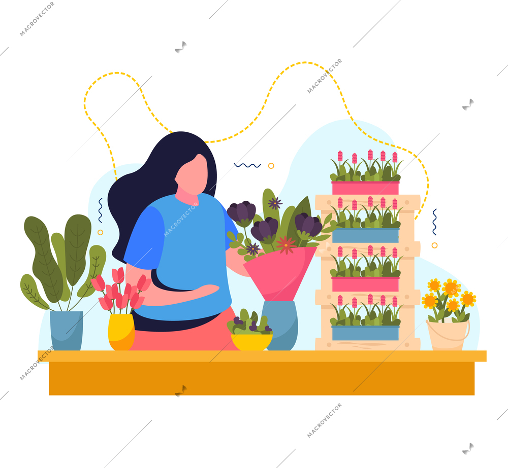 Flower shop background with floral market symbols flat vector illustration