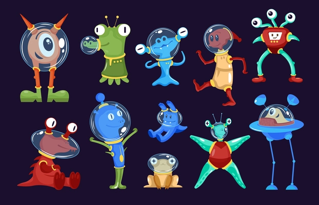 Aliens color set of isolated cartoon style characters of humanoid creatures with scary and funny monsters vector illustration