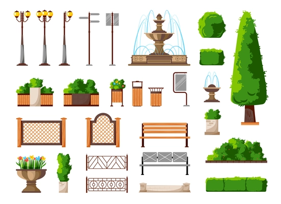 Traditional city park summer elements set  with fountain flower beds topiary round bushes benches lanterns vector illustration