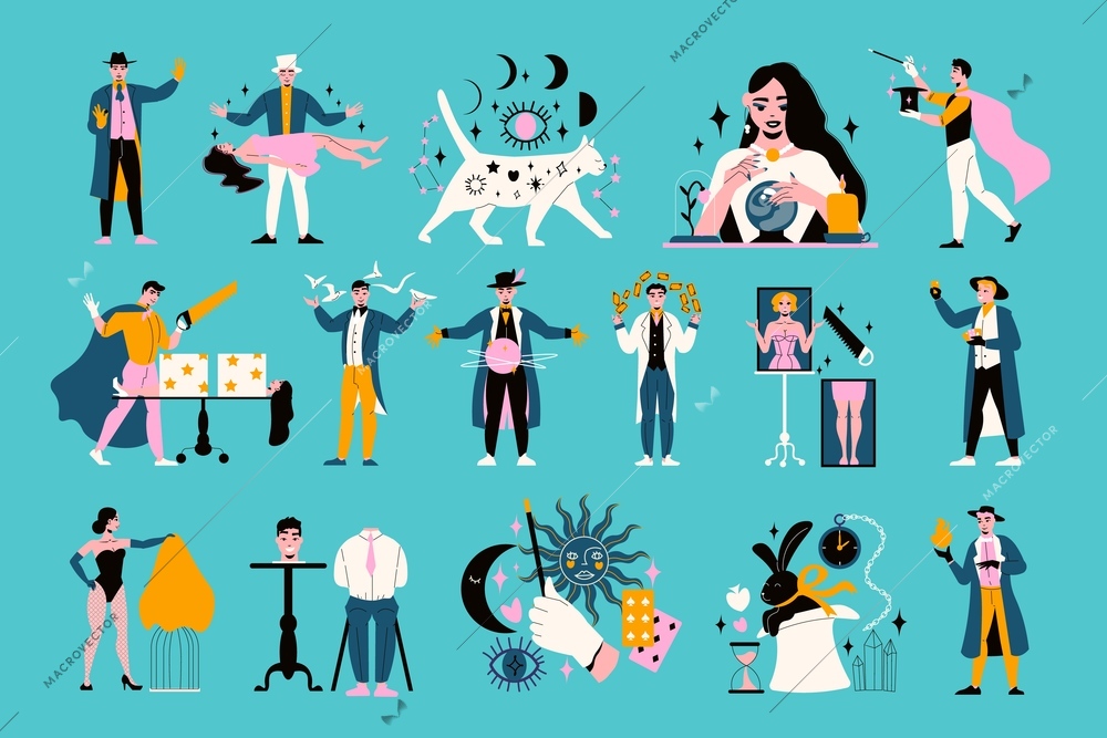 Magic show flat icons set with magicians assistants gypsy and equipment for performing various tricks isolated on color background vector illustration