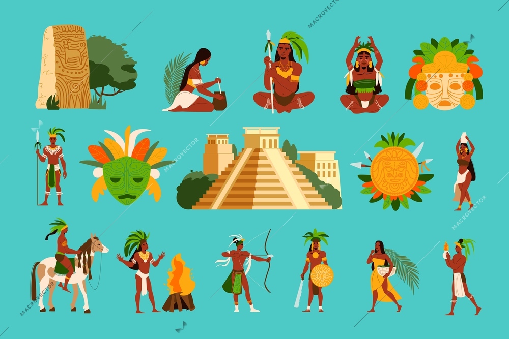 Maya civilization set in flat style with mayan women men pyramid masks idols isolated on color background vector illustration