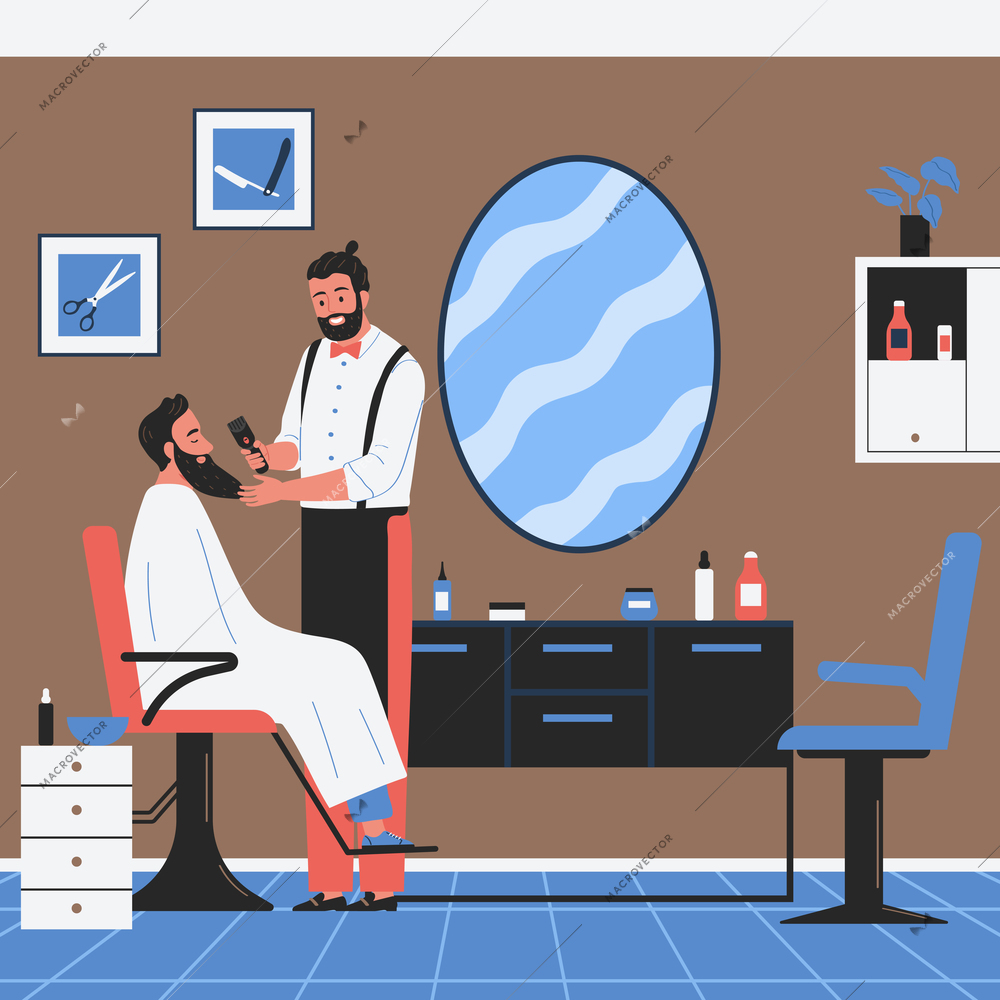 Barbershop composition with indoor scenery and human characters of client and hairdresser with comb for beard vector illustration