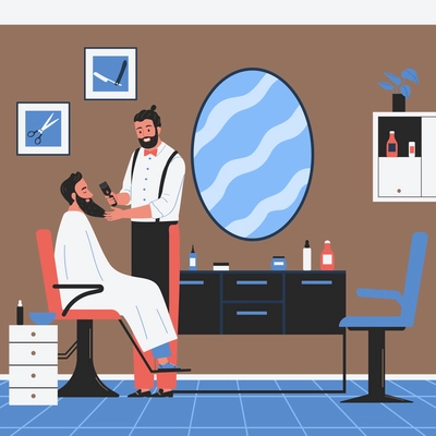 Barbershop composition with indoor scenery and human characters of client and hairdresser with comb for beard vector illustration