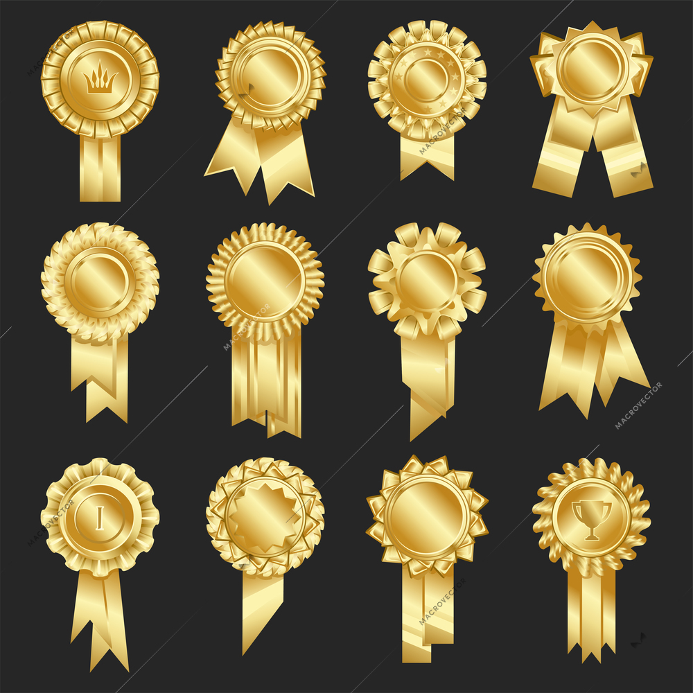 Colored and isolated rosettes rewards icon set round gold awards with ribbons on black background vector illustration