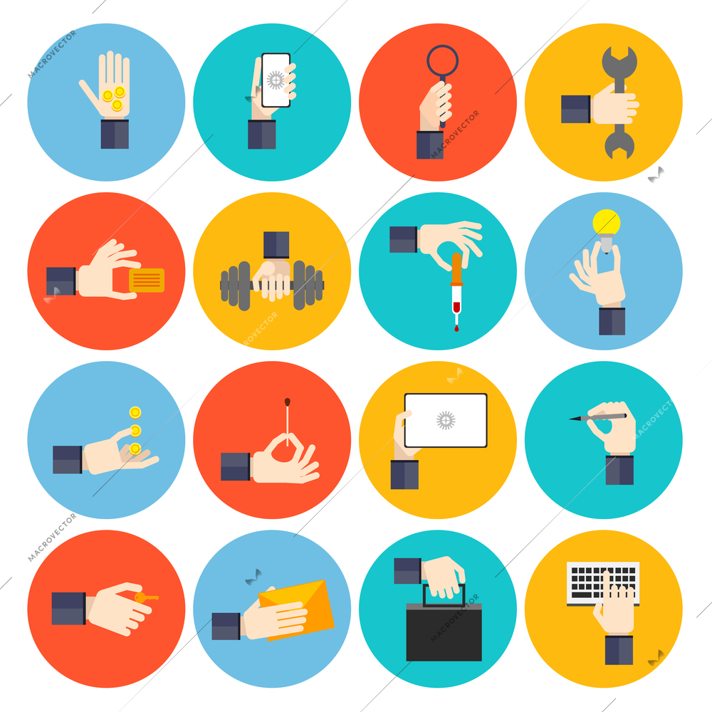 Human hands holding different objects flat icons set isolated vector illustration