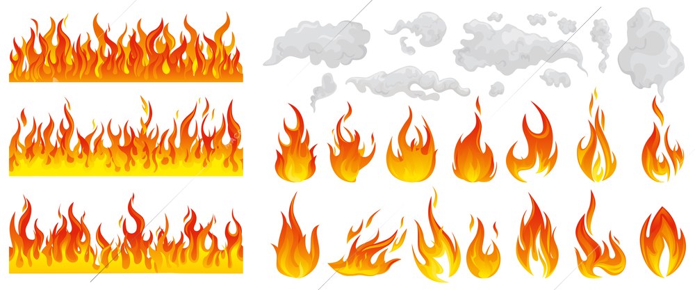 Fire flame smoke icon set different types borders and grades of fires and smokes vector illustration