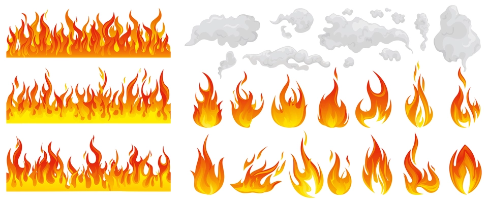 Fire flame smoke icon set different types borders and grades of fires and smokes vector illustration