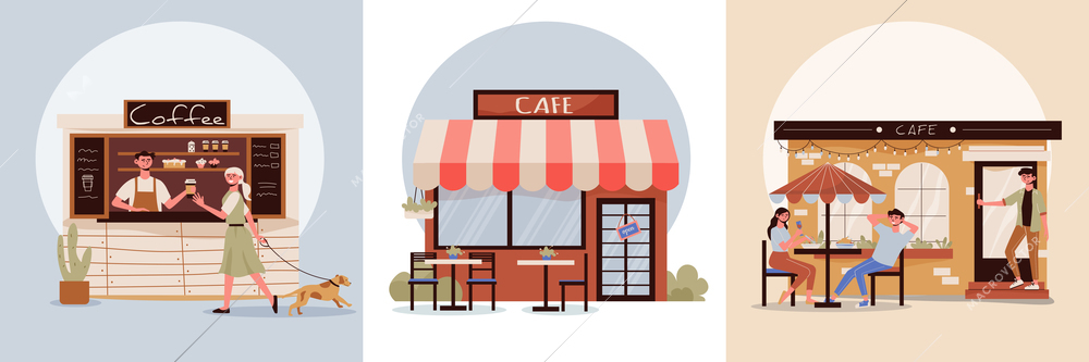 Three options for the design of the facades of the cafe flat vector illustration