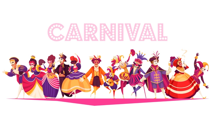 Cartoon people wearing traditional dresses costumes masks dancing at venetian carnival vector illustration