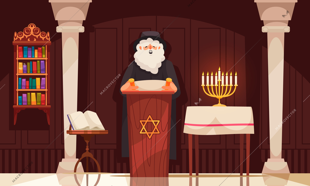 Jewish holiday hanukkah background with rabbi reading torah in synagogue cartoon vector illustration