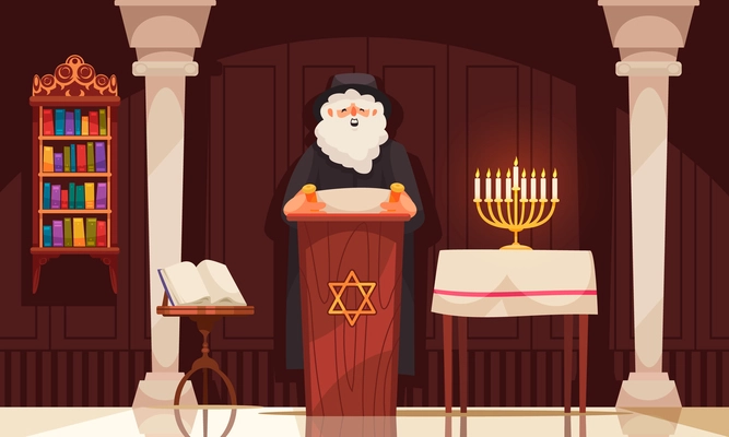 Jewish holiday hanukkah background with rabbi reading torah in synagogue cartoon vector illustration