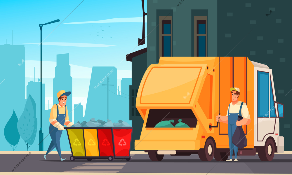 Two workers in uniform loading waste from trash containers into garbage truck cartoon vector illustration