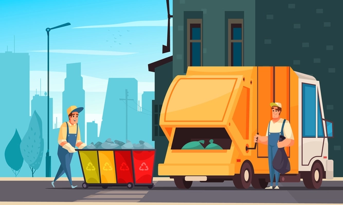 Two workers in uniform loading waste from trash containers into garbage truck cartoon vector illustration