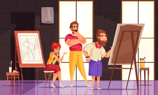 Professional teacher giving art master class to man and woman in studio cartoon vector illustration