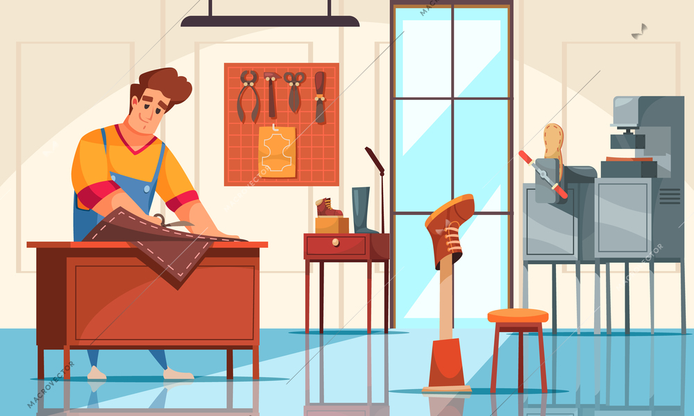 Male shoemaker cutting leather with scissors at modern shoe repair shop cartoon vector illustration