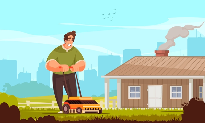 Man mowing lawn with electric mower in front of house on background with city silhouette cartoon vector illustration