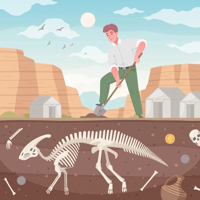 Archaeology cartoon composition with profile view of ground with dug dinosaur skeleton and man with shovel vector illustration