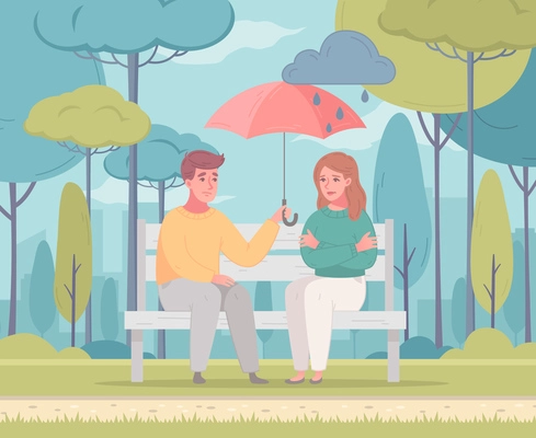 Empathy characters cartoon composition with city park scenery and woman staying under umbrella of male friend vector illustration