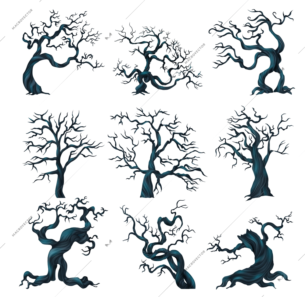 Spooky trees set with halloween symbols realistic isolated vector illustration