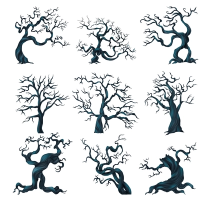 Spooky trees set with halloween symbols realistic isolated vector illustration