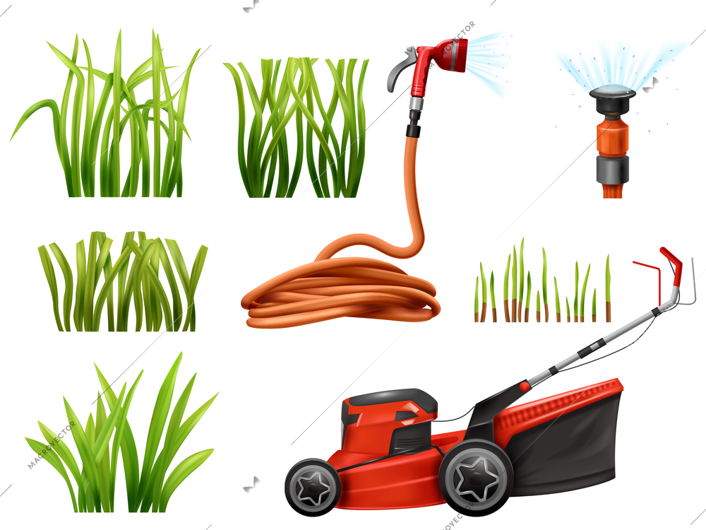 Realistic set with green grass water hoses and electric mower isolated on white background vector illustration