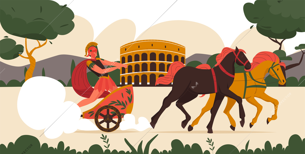 Ancient roman warrior in chariot pulled by two horses on background with colosseum flat vector illustration
