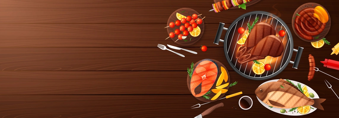 Bbq grill party flat background with composition of wooden background with roasted fish and meat dishes vector illustration