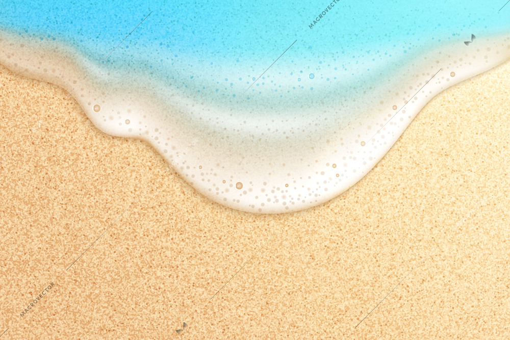 Wave beach realistic composition with top view of sandy ground with sea water and foam bubbles vector illustration