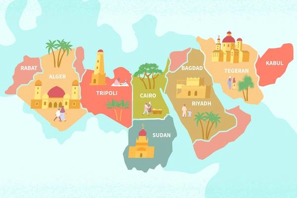 Multicolored unrealistic map of the area depicting the countries of the middle east flat vector illustration
