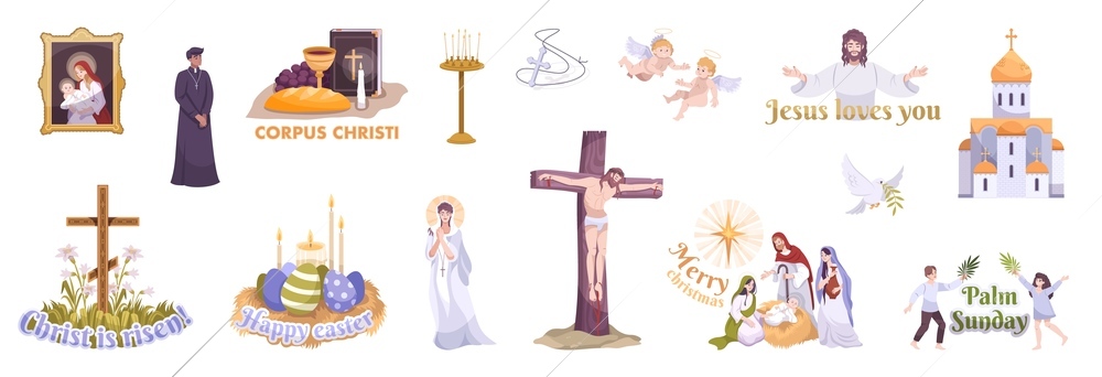 Major christian holidays easter christmas  palm sunday celebrations symbols church cross candles jesus flat set vector illustration