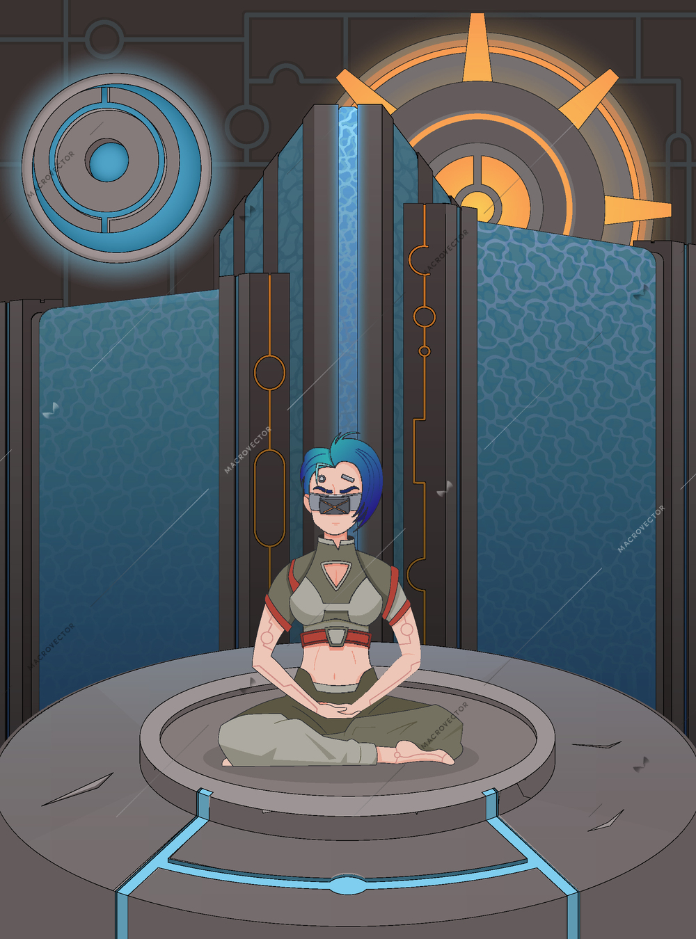 Abstract futuristic background with cyberpank woman character sitting in lotus position vector illustration