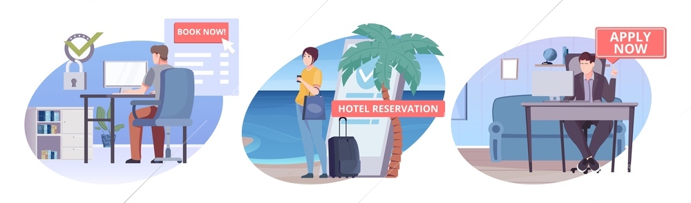 Book now set of three isolated compositions with characters of tourist on beach agent in office vector illustration