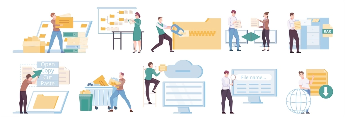 File management set with isolated icons of flat computers cloud folders and people performing various operations vector illustration