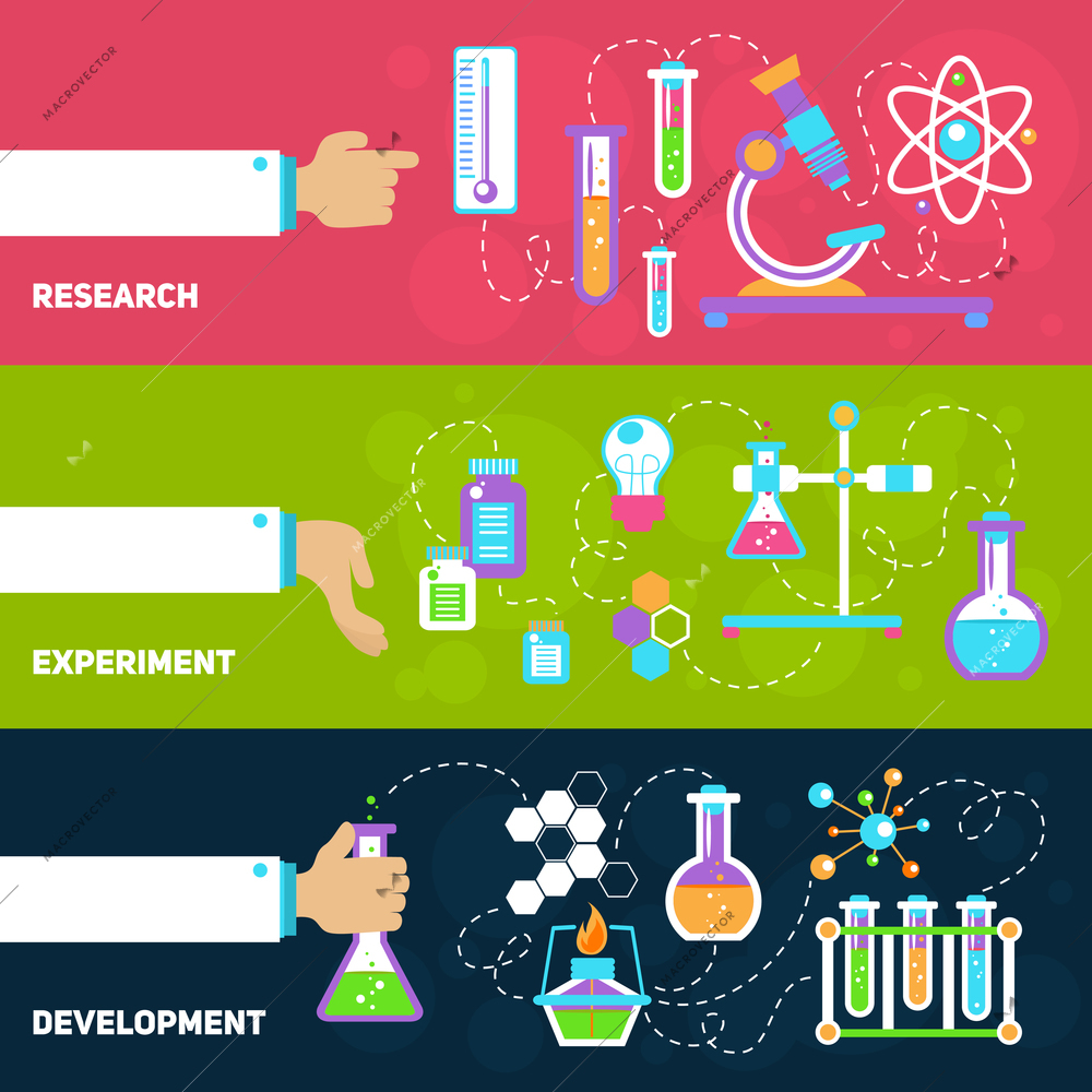 Chemistry decorative horizontal banners set with research experiment development isolated vector illustration